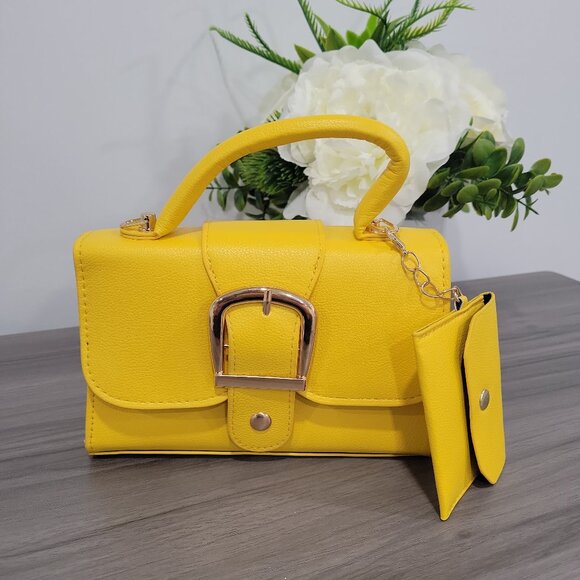 Trendy Yellow Handbag Retro Style Buckle Purse w/ Detachable Mini Coin Purse - Picture 3 of 10